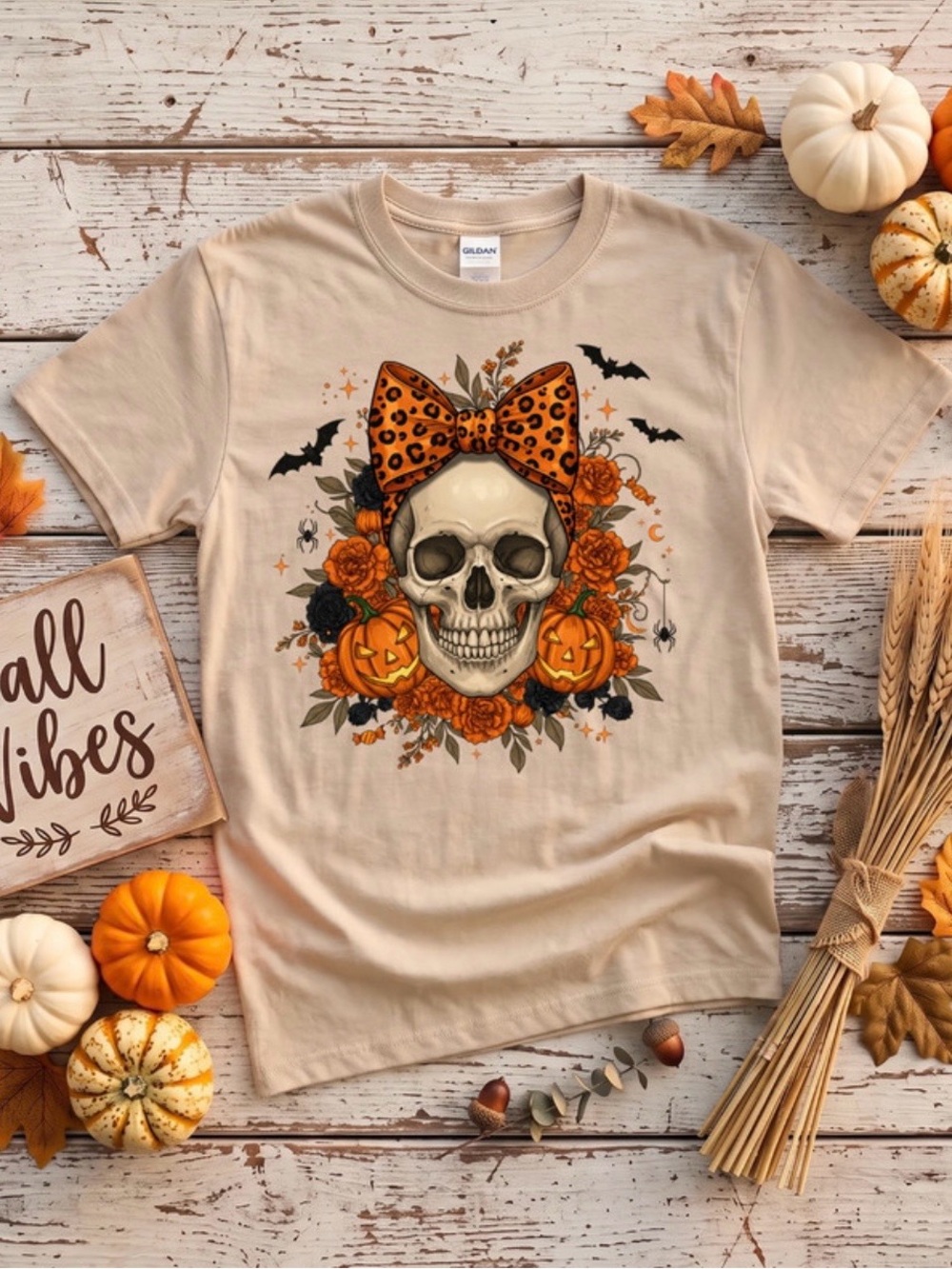 Gildan Beige Tee with Skull, Leopard Bow & Pumpkin Accents NWOT